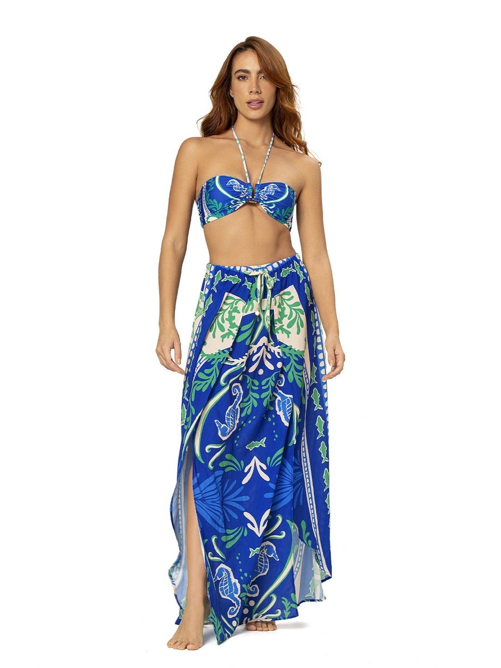 OndadeMar Nerida Skirt - Mar Maxi Wrap Drawstring Open Front Printed Blue